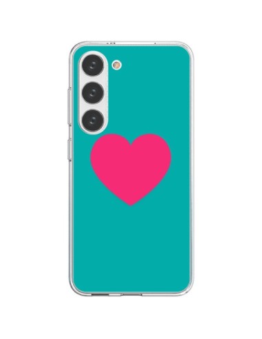 Coque Samsung Galaxy S23 5G Coeur Rose Fond Bleu  - Laetitia