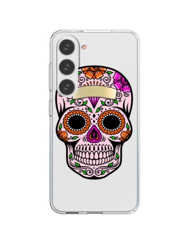 Coque Samsung Galaxy S23 5G Tête de Mort Mexicaine Noir Rose Transparente - Laetitia