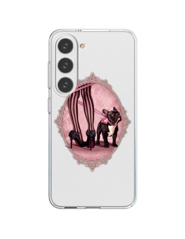 Coque Samsung Galaxy S23 5G Lady Jambes Chien Bulldog Dog Rose Pois Noir Transparente - Maryline Cazenave