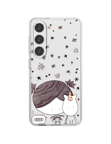 Coque Samsung Galaxy S23 5G Petite Fille et Licorne I Believe Transparente - Nico