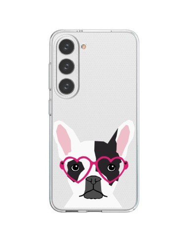Coque Samsung Galaxy S23 5G Bulldog Français Lunettes Coeurs Chien Transparente - Pet Friendly