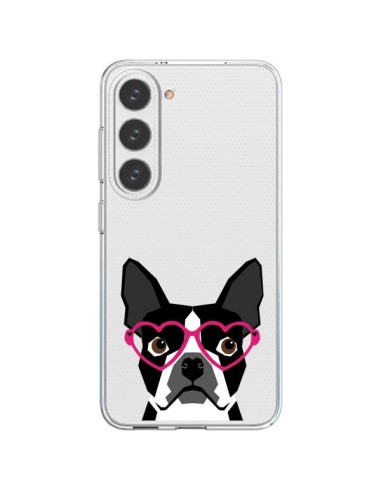 Coque Samsung Galaxy S23 5G Boston Terrier Lunettes Coeurs Chien Transparente - Pet Friendly