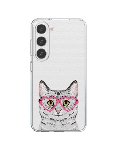 Coque Samsung Galaxy S23 5G Chat Gris Lunettes Coeurs Transparente - Pet Friendly