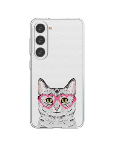 Cover Samsung Galaxy S23 5G Gatto Grigio Occhiali Cuori Trasparente - Pet Friendly