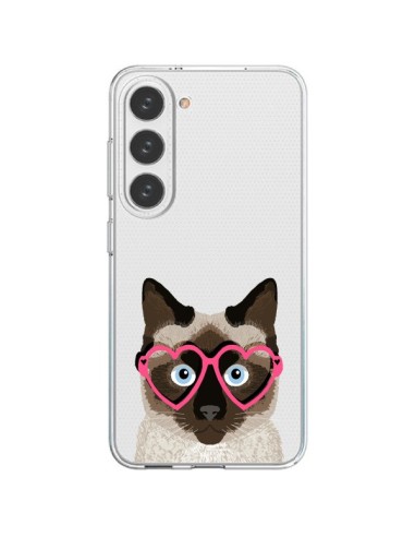 Coque Samsung Galaxy S23 5G Chat Marron Lunettes Coeurs Transparente - Pet Friendly