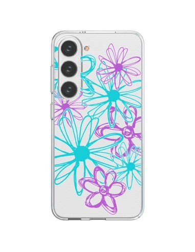 Coque Samsung Galaxy S23 5G Turquoise and Purple Flowers Fleurs Violettes Transparente - Sylvia Cook