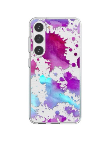 Coque Samsung Galaxy S23 5G Watercolor Splash Taches Bleu Violet Transparente - Sylvia Cook