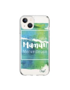 Coque iPhone 15 Je suis une Maman Merveilleuse Bleu Vert...