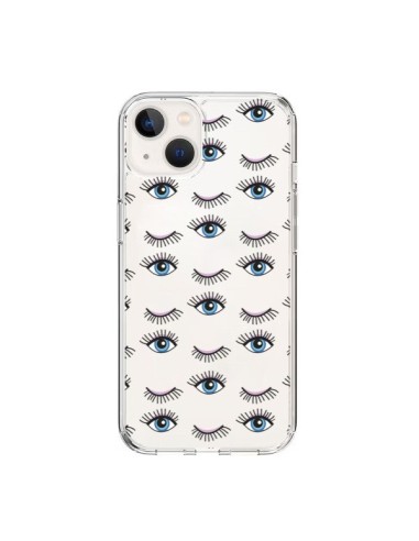 Coque iPhone 15 Eyes Oeil Yeux Bleus Mosaïque Transparente - Léa Clément