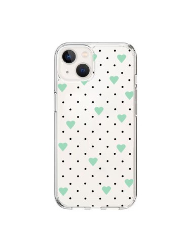 Cover iPhone 15 Punti Cuori Verde Menta Trasparente - Project M