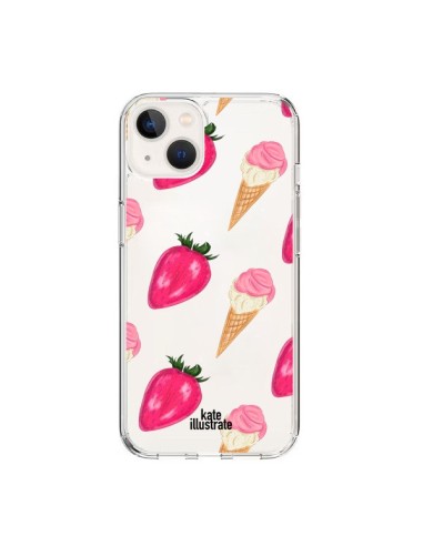 Coque iPhone 15 Strawberry Ice Cream Fraise Glace Transparente - kateillustrate