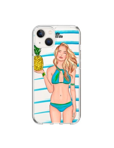 Cover iPhone 15 Malibu Ananas Plage Ete Blu Trasparente - kateillustrate