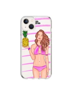Coque iPhone 15 Malibu Ananas Plage Ete Rose Transparente...