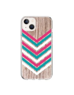 Coque iPhone 15 Tribal Aztèque Bois Wood Flèche Rose Bleu...