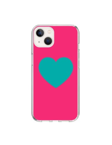 Coque iPhone 15 Coeur Bleu Fond Rose - Laetitia