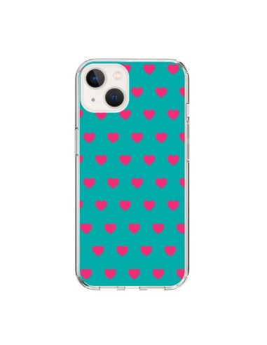 Coque iPhone 15 Coeurs Roses Fond Bleu - Laetitia