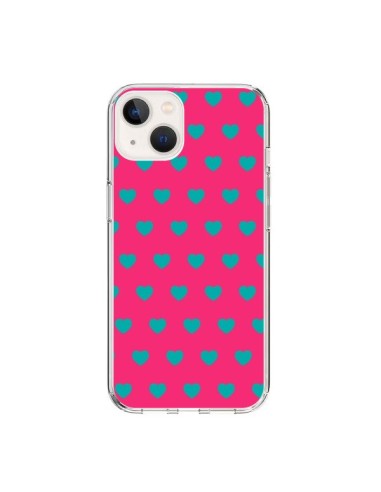 Coque iPhone 15 Coeurs Bleus Fond Rose - Laetitia