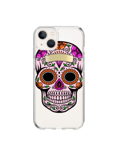 Coque iPhone 15 Tête de Mort Mexicaine Noir Rose Transparente - Laetitia