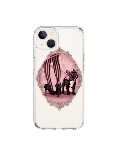 Coque iPhone 15 Lady Jambes Chien Bulldog Dog Rose Pois Noir Transparente - Maryline Cazenave
