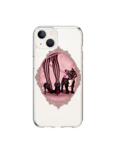 Cover iPhone 15 Lady Jambes Cane Bulldog Dog Rosa Pois Nero Trasparente - Maryline Cazenave