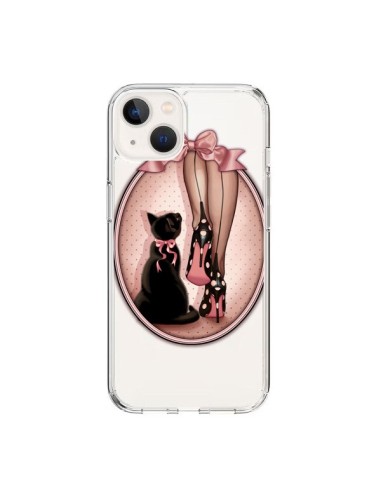 Coque iPhone 15 Lady Chat Noeud Papillon Pois Chaussures Transparente - Maryline Cazenave
