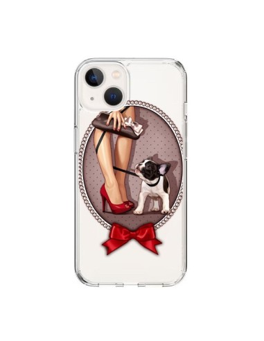 Coque iPhone 15 Lady Jambes Chien Bulldog Dog Pois Noeud Papillon Transparente - Maryline Cazenave