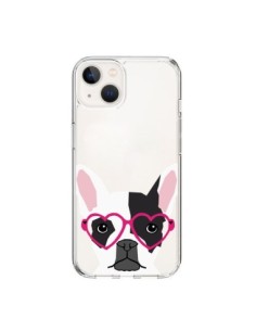 Coque iPhone 15 Bulldog Français Lunettes Coeurs Chien...
