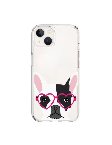 Coque iPhone 15 Bulldog Français Lunettes Coeurs Chien Transparente - Pet Friendly