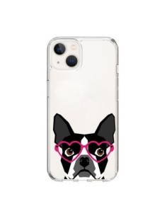 Coque iPhone 15 Boston Terrier Lunettes Coeurs Chien...
