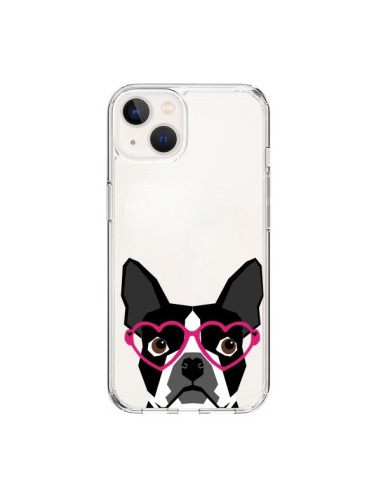 Coque iPhone 15 Boston Terrier Lunettes Coeurs Chien Transparente - Pet Friendly