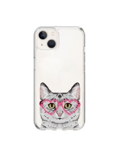 Coque iPhone 15 Chat Gris Lunettes Coeurs Transparente -...
