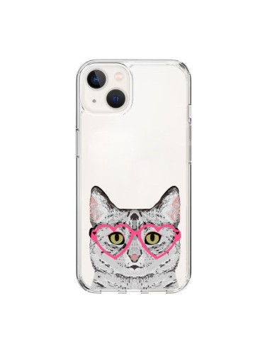 Coque iPhone 15 Chat Gris Lunettes Coeurs Transparente - Pet Friendly