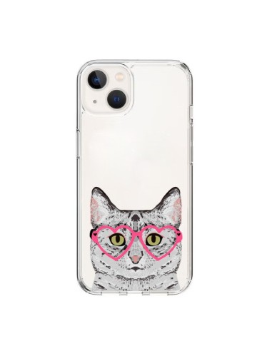 Cover iPhone 15 Gatto Grigio Occhiali Cuori Trasparente - Pet Friendly