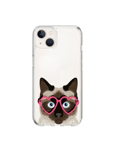 Coque iPhone 15 Chat Marron Lunettes Coeurs Transparente - Pet Friendly