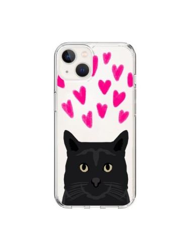 Coque iPhone 15 Chat Noir Coeurs Transparente - Pet Friendly
