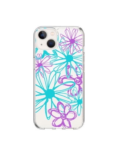 Coque iPhone 15 Turquoise and Purple Flowers Fleurs Violettes Transparente - Sylvia Cook