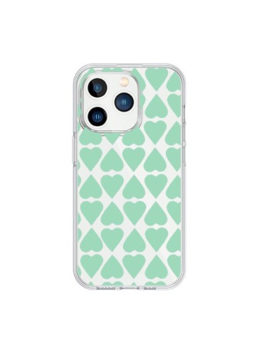 Coque iPhone 15 Pro Coeurs Heart Mint Bleu Vert Transparente - Project M