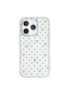 Cover iPhone 15 Pro Punti Cuori Verde Menta Trasparente -...