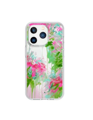 iPhone 15 Pro Case Flowers Pink Green Clear - Ebi Emporium