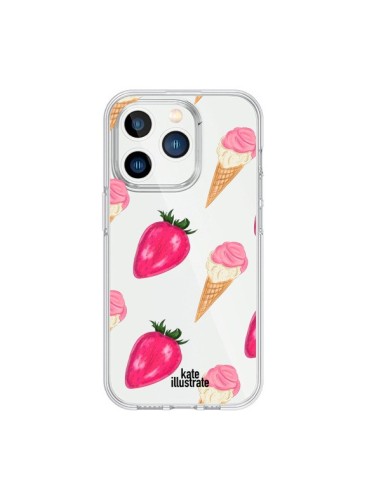 Coque iPhone 15 Pro Strawberry Ice Cream Fraise Glace Transparente - kateillustrate