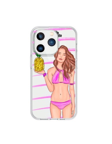 Coque iPhone 15 Pro Malibu Ananas Plage Ete Rose Transparente - kateillustrate