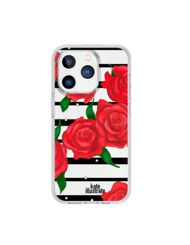 Coque iPhone 15 Pro Red Roses Rouge Fleurs Flowers Transparente - kateillustrate