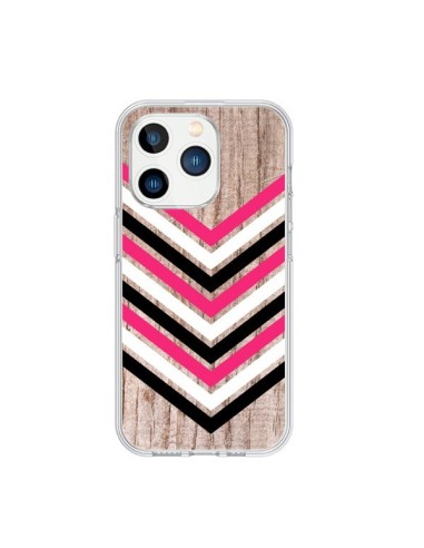 Coque iPhone 15 Pro Tribal Aztèque Bois Wood Flèche Rose Blanc Noir - Laetitia