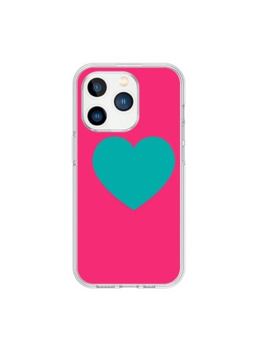 Coque iPhone 15 Pro Coeur Bleu Fond Rose - Laetitia