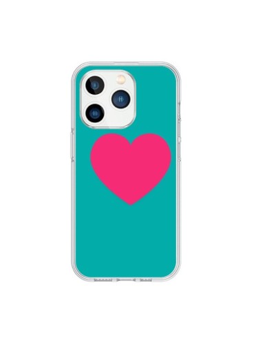 Coque iPhone 15 Pro Coeur Rose Fond Bleu  - Laetitia
