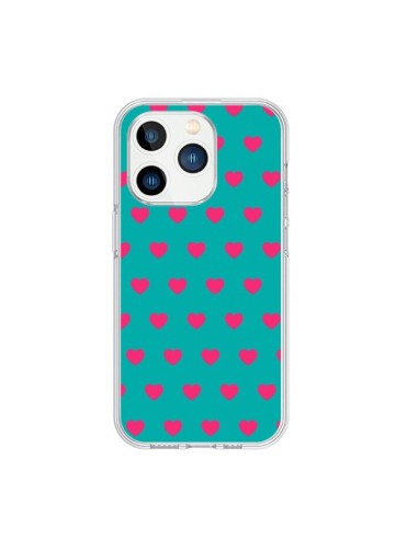 Coque iPhone 15 Pro Coeurs Roses Fond Bleu - Laetitia