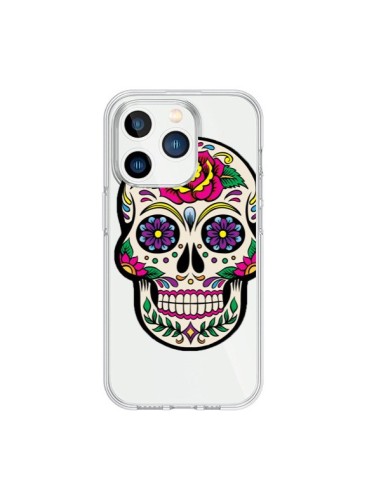 Coque iPhone 15 Pro Tête de Mort Mexicaine Fleurs Transparente - Laetitia