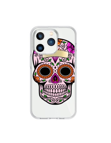 Coque iPhone 15 Pro Tête de Mort Mexicaine Noir Rose Transparente - Laetitia
