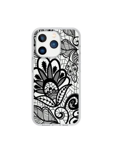 Coque iPhone 15 Pro Lace Fleur Flower Noir Transparente - Petit Griffin