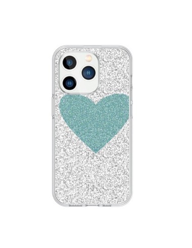Coque iPhone 15 Pro Coeur Bleu Vert Argent Love - Mary Nesrala